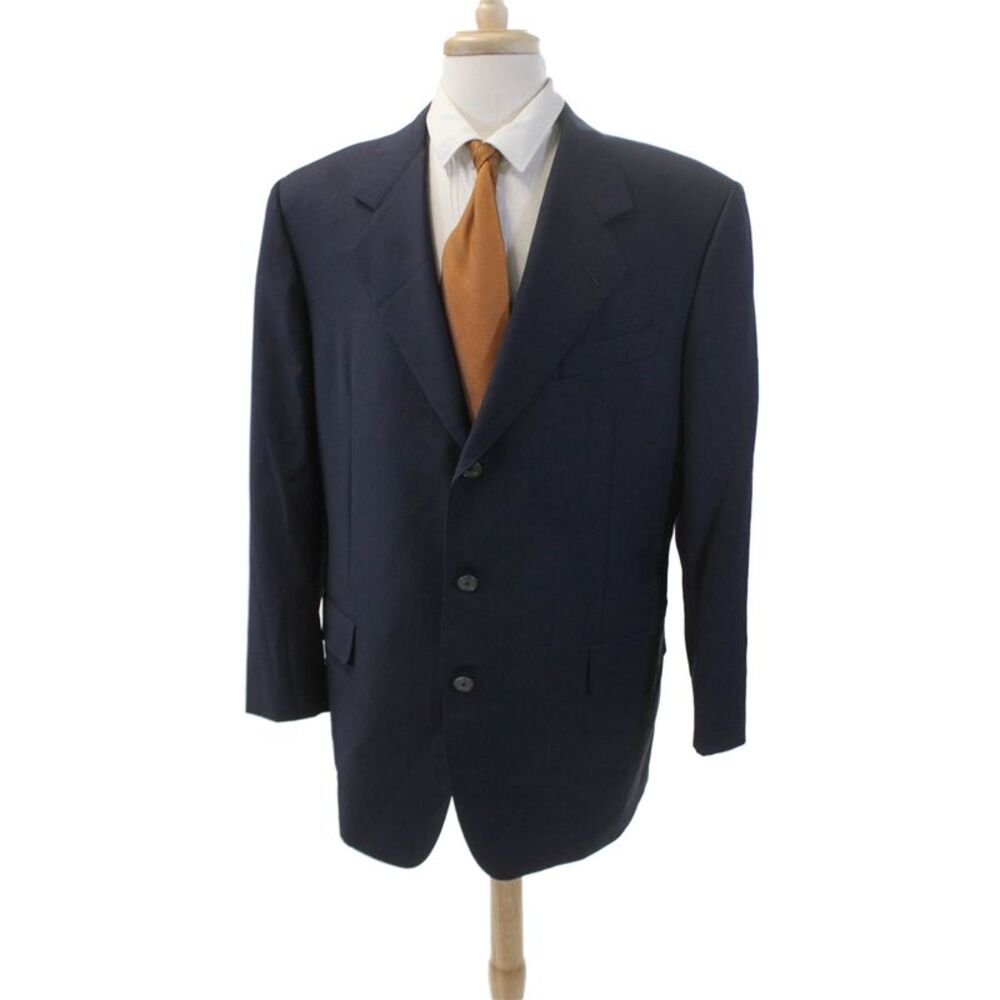 Hickey Freeman Mens Striped Three Button Blazer Navy Blue Wool Size 44 Long